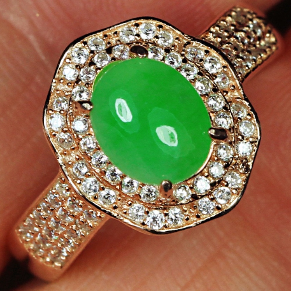 19.7CT 925 Sterling Silver 100% Natural Grade A Green Jadeite Ring